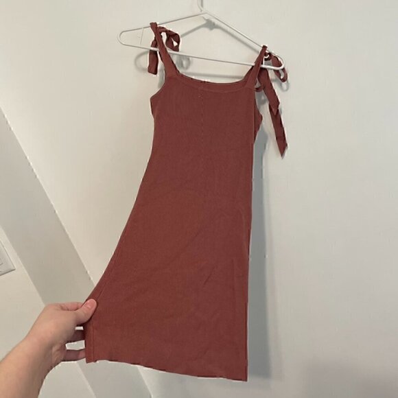 URBAN OUTFITTERS Rose Marie Tie Shoulder Mini Dress Mauve Ribbed Sweater Bodycon - Picture 12 of 16